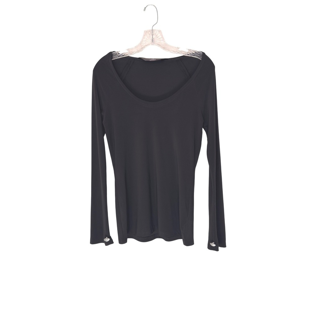 Norma Kamali‎ Top Long Sleeve Black Stretch Scoop Neck Basic Neutral Medium